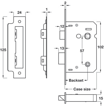 Bathroom Lock Mortice Latchbolt Operated by Lever Handles Deadbolt by Turn/Emergency Release Backset 44 mm case size 64 mm brass plated - view 2