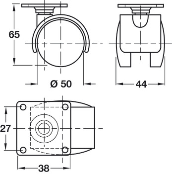 Swivel Twin Wheel Castor without Brake Ø 40-50 mm Hooded 38 mm Plate Fixing Wheel Ø 50 mm load capacity 45 kg - view 2
