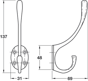 Hat and Coat Hook Brass 69 x 137 mm Hemlock Face fixing Polished chrome finish - view 2