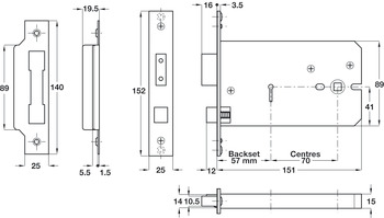 Horizontal 5 Lever Sash Lock Mortice 57 mm Backset Stainless Steel or Brass Latch operated by knobs Backset 57 mm case size 151 mm satin stainless steel
