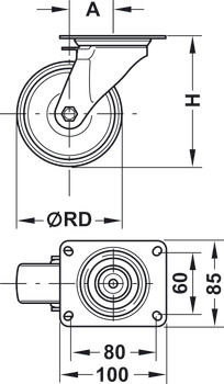 Swivel Single Wheel Castor without Brake Wheel Ø 80-125 mm 100 mm Plate Fixing with screw-on plate Wheel Ø 100 mm load capacity 125 kg - view 2