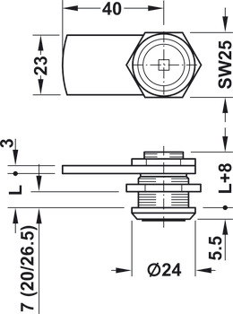 Cam Lock for Square Profile Key with Straight Cam and Nut Attachment Closure direction 180° 1 (2-8) length L 26.0 mm - view 2