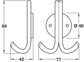Coat Hook Stainless Steel 42 x 99 mm Face fixing Satin stainless steel finish - view 2