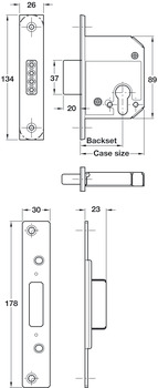 Mortice Deadlock Lock Case Only Steel and Zinc Alloy Backset 44 mm case size 67 mm brass effect - view 2