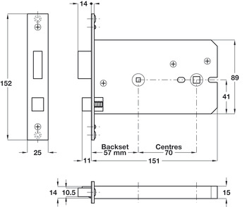 WC Mortice Lock Hrz 57/151mm Brs SSS - view 3
