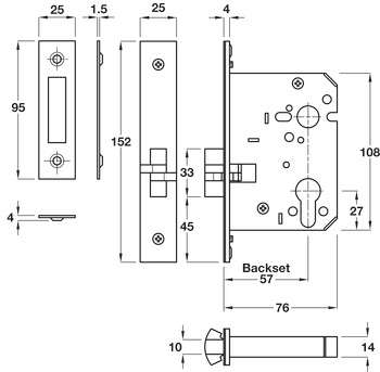 Mortice Claw Bolt Lock Case Modular Cylinder Case Size 76 mm Backset 57 mm case size 76 mm satin stainless steel - view 2