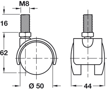 Swivel Twin Wheel Castor Ø 40-50 mm Hooded M8 Thread Fixing Wheel Ø 50 mm without brake load capacity 45 kg - view 2