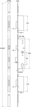 Multipoint Mortice Lock Cylinder 3 Point Deadbolt Latchbolt Front plate length x width: 2250 x 16 mm backset 35 mm - view 2