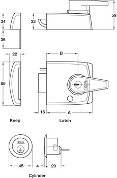 Nightlatch Double Locking Cylinder Rim Key from Outside Key Lockable Lever Handle from Inside Standard case A = 90 mm B = 60 mm satin nickel/satin chrome case/cylinder finish - view 2