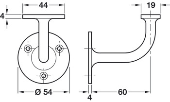 Handrail Bracket Suitable for Flat Based Handrails Depth 60 mm Face fixing Polished brass finish - view 2