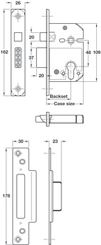 Mortice Sashlock Lock Case Only Steel and Zinc Alloy Backset 56 mm case size 79 mm satin stainless steel - view 2