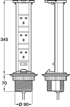 Vertical Powerdock Rated IP54 3 x UK 13 Amp Sockets Requires Ø 92 mm Drilled Hole With master switch Black and aluminium finish with black plastic top - view 3