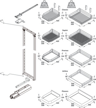 Swing Out Larder Unit For Cabinet Width 450-600 mm Saphir Mesh Baskets VS TAL Gate Centre mounting height adjustable For cabinet width 600 mm basket width 500 mm installed height 1900-2140 mm 5 baskets included - view 2