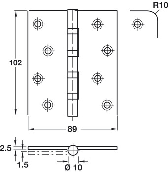 Butt Hinge 102 x 89 mm 304 Stainless Steel Phoenix Slimline Grade 13 BS EN 1935 Square corners satin stainless steel - view 2