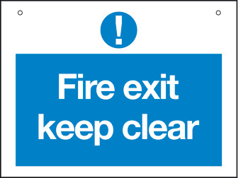 Fire Escape/Exit Mandatory Sign 1 mm Thick Rigid Plastic Drilled for screw fixing 400 x 300 mm Sign: 'Fire escape keep clear' - view 2