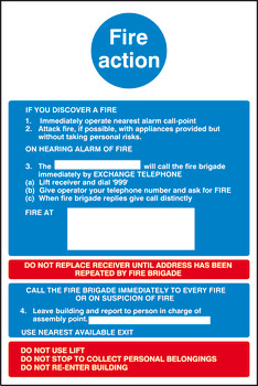 Fire Action Mandatory Sign 300 x 200 mm Rigid Plastic Drilled for screw fixing White/blue/red