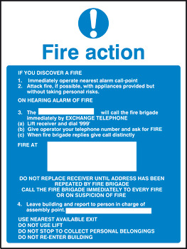 Fire Action Mandatory Sign 300 x 200 mm Rigid Plastic Drilled for screw fixing White/blue