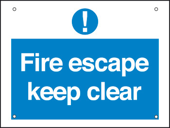 Fire Escape/Exit Mandatory Sign 1 mm Thick Rigid Plastic Drilled for screw fixing 400 x 300 mm Sign: 'Fire escape keep clear'