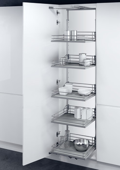 Swing Out Larder Unit For Cabinet Width 500-600 mm Premea Solid Base Baskets VS TAL Gate Centre mounting height adjustable For cabinet width 500 mm basket width 400 mm installed height 1700-1950 mm 5 baskets included