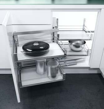 Swing Out Corner Storage Artline Glass Sided Chrome Wire Baskets Vauth-Sagel VS COR Fold For cabinet width 800 mm for door width 400 mm left hand