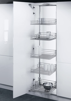 Swing Out Larder Unit For Cabinet Width 450-600 mm Saphir Mesh Baskets VS TAL Gate Centre mounting height adjustable For cabinet width 450 mm basket width 350 mm installed height 1700-1950 mm 5 baskets included