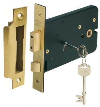 Horizontal 5 Lever Sash Lock Mortice 57 mm Backset Stainless Steel or Brass Latch operated by knobs Backset 57 mm case size 151 mm satin brass