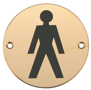 Graphic Sign Ø 76 mm 2 mm Thick Stainless Steel Brass or Aluminium Black silk screened symbol Symbol: Male satin anodised aluminium