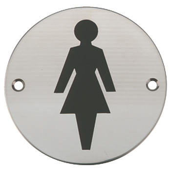 Graphic Sign Ø 76 mm 2 mm Thick Stainless Steel Brass or Aluminium Black silk screened symbol Symbol: Female satin stainless steel