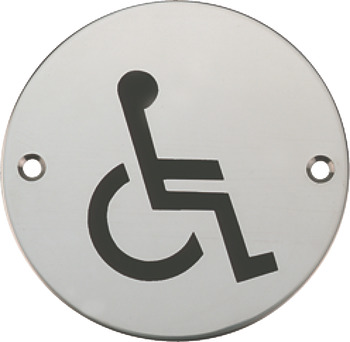 Graphic Sign Ø 76 mm 2 mm Thick Stainless Steel Brass or Aluminium Black silk screened symbol Symbol: Disabled satin stainless steel