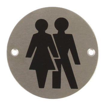 Graphic Sign Ø 76 mm 2 mm Thick Stainless Steel Brass or Aluminium Black silk screened symbol Symbol: Unisex satin stainless steel