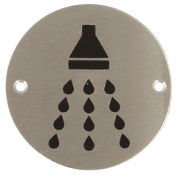 Graphic Sign Ø 76 mm 2 mm Thick Stainless Steel Brass or Aluminium Black silk screened symbol Symbol: Shower polished stainless steel