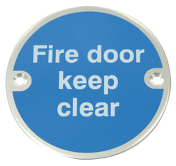 Fire Door Mandatory Sign Ø 76 x 1.5 mm Thick Stainless Steel Aluminium or Brass White on blue silk screened Sign: 'Fire door keep clear' polished anodised aluminium