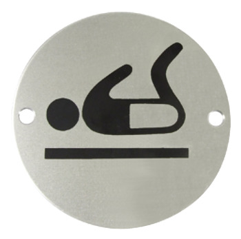 Graphic Sign Ø 76 mm 2 mm Thick Stainless Steel Brass or Aluminium Black silk screened symbol Symbol: Baby change satin stainless steel