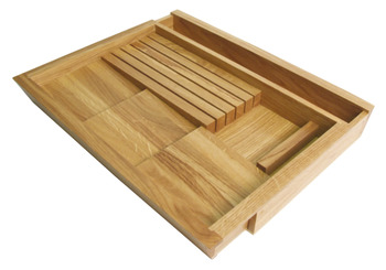 Wooden Expanding Drawer Organiser for Spice Jars and Knives eXTray European oak 420 mm deep for drawer depth 450 mm 300-530 mm insert width for drawer width 400-600 mm