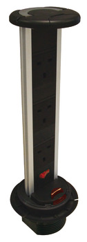 Vertical Powerdock Rated IP54 3 x UK 13 Amp Sockets Requires Ø 92 mm Drilled Hole With master switch Black and aluminium finish with black plastic top