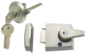 Nightlatch Double Locking Cylinder Rim Key from Outside Key Lockable Lever Handle from Inside Standard case A = 90 mm B = 60 mm satin nickel/satin chrome case/cylinder finish