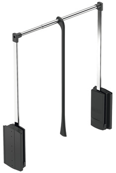 Pull Down Wardrobe Rail for Installed Height 850 mm 2004 Steel wardrobe rail plastic pull rod housing and connecting parts For internal wardrobe width 440-610 mm chrome plated steel rail black plastic housing and connecting parts chrome plated pull rod