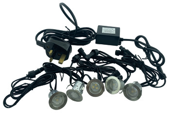 LED Plinth Light 12 V Ø 30 mm Rated IP67 Light Set with Driver 5 light set white LED colour