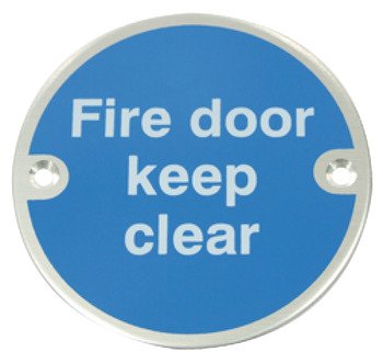 Fire Door Mandatory Sign Ø 76 x 1.5 mm Thick Stainless Steel Aluminium or Brass White on blue silk screened Sign: 'Fire door keep clear' satin stainless steel 987.16.130