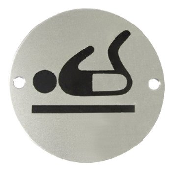 Graphic Sign Ø 76 mm 2 mm Thick Stainless Steel Brass or Aluminium Black silk screened symbol Symbol: Baby change satin stainless steel 987.15.600